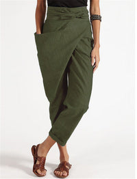Isadora Casual Linen Harem Trousers with Elastic Waist in Green