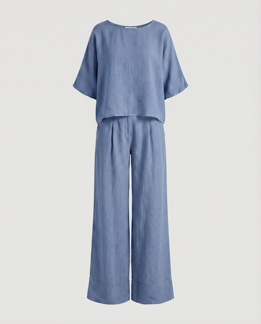 Isadora Linen Top with Side Pockets and Pockets in Blue