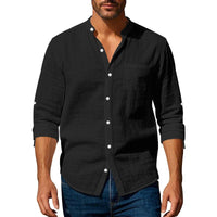 Isidor Linen Shirt with Stand Collar in Black