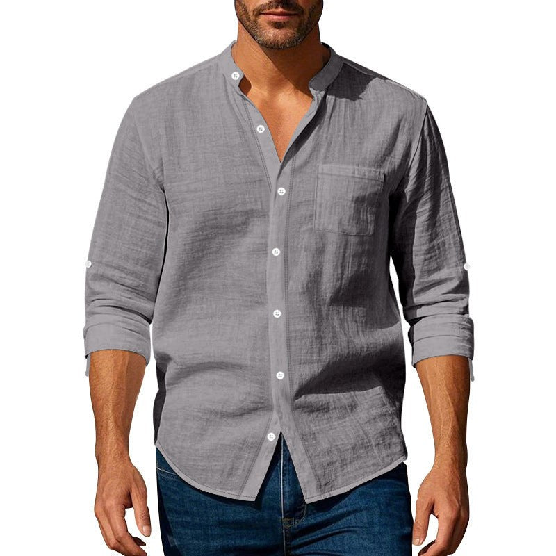 Isidor Linen Shirt with Stand Collar in Dark Grey