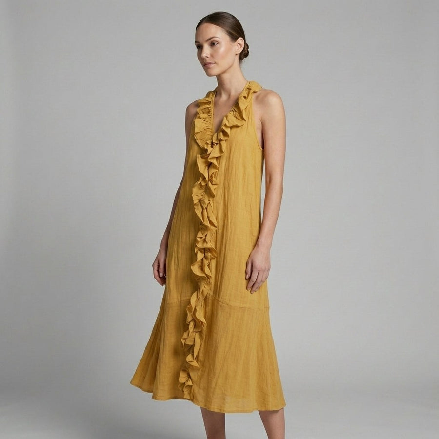 Isla Cascading Ruffle Midi Dress in Amber