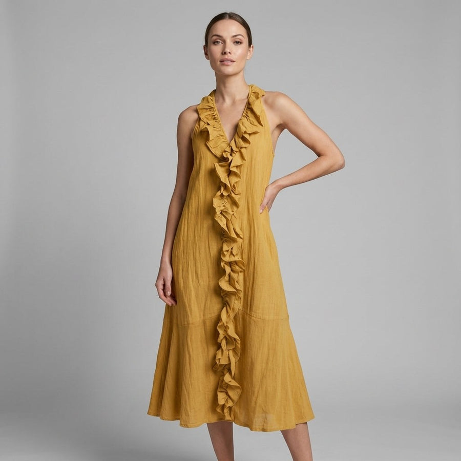 Isla Cascading Ruffle Midi Dress in Amber