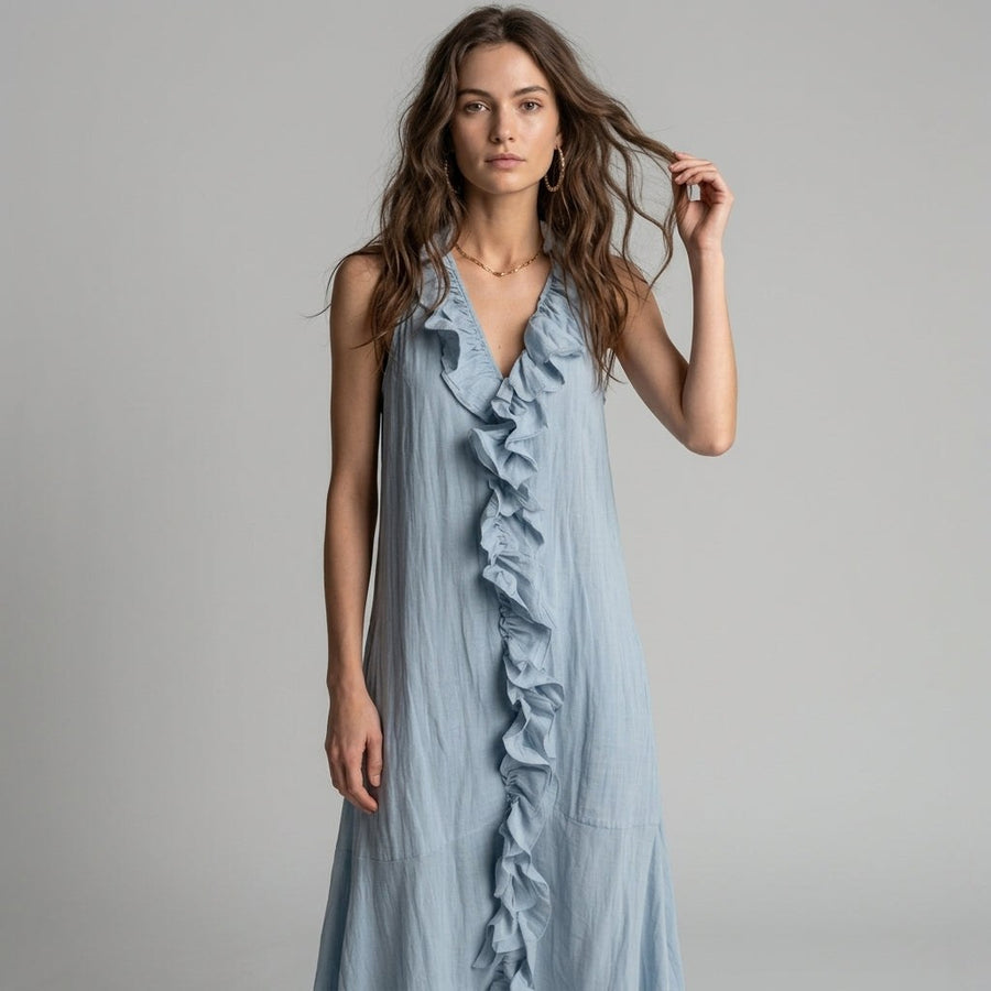 Isla Cascading Ruffle Midi Dress in Azure