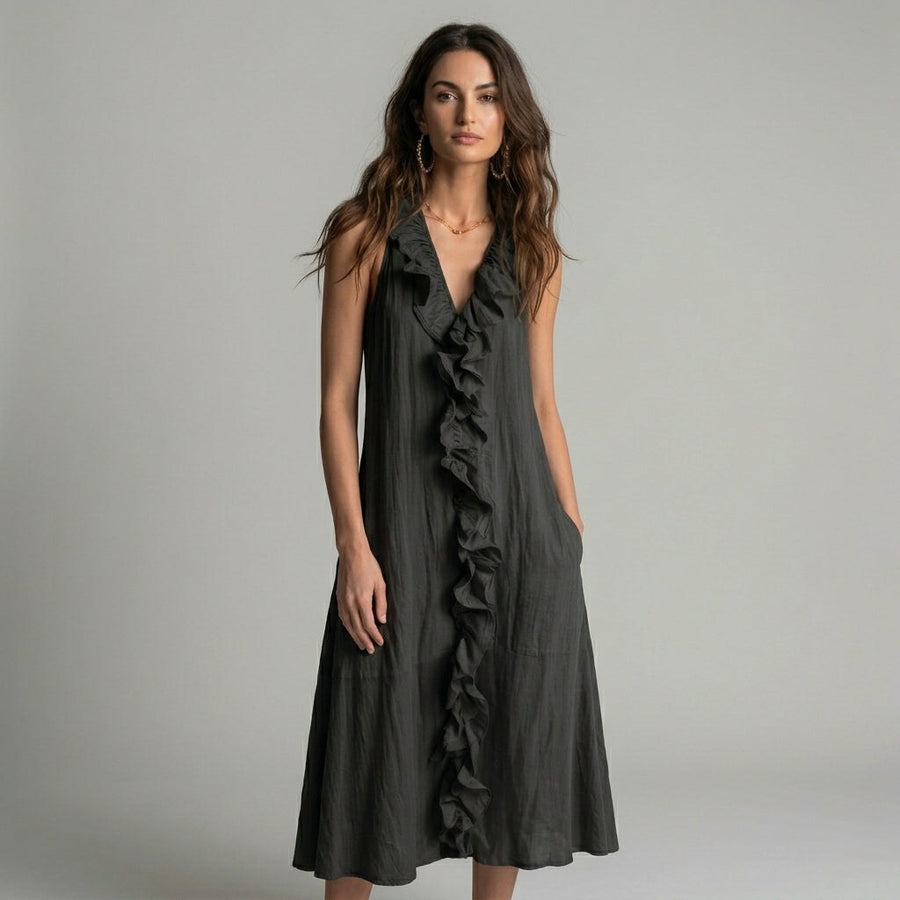 Isla Cascading Ruffle Midi Dress in Noir