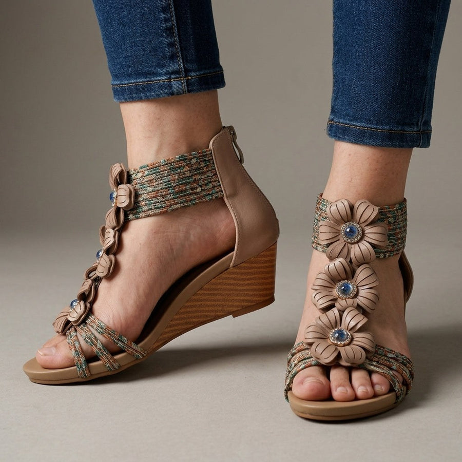 Isla Floral Wedge Sandal in Beige