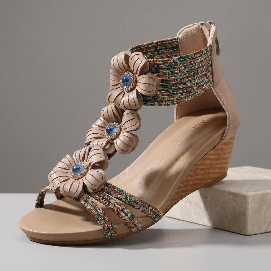 Isla Floral Wedge Sandal in Beige
