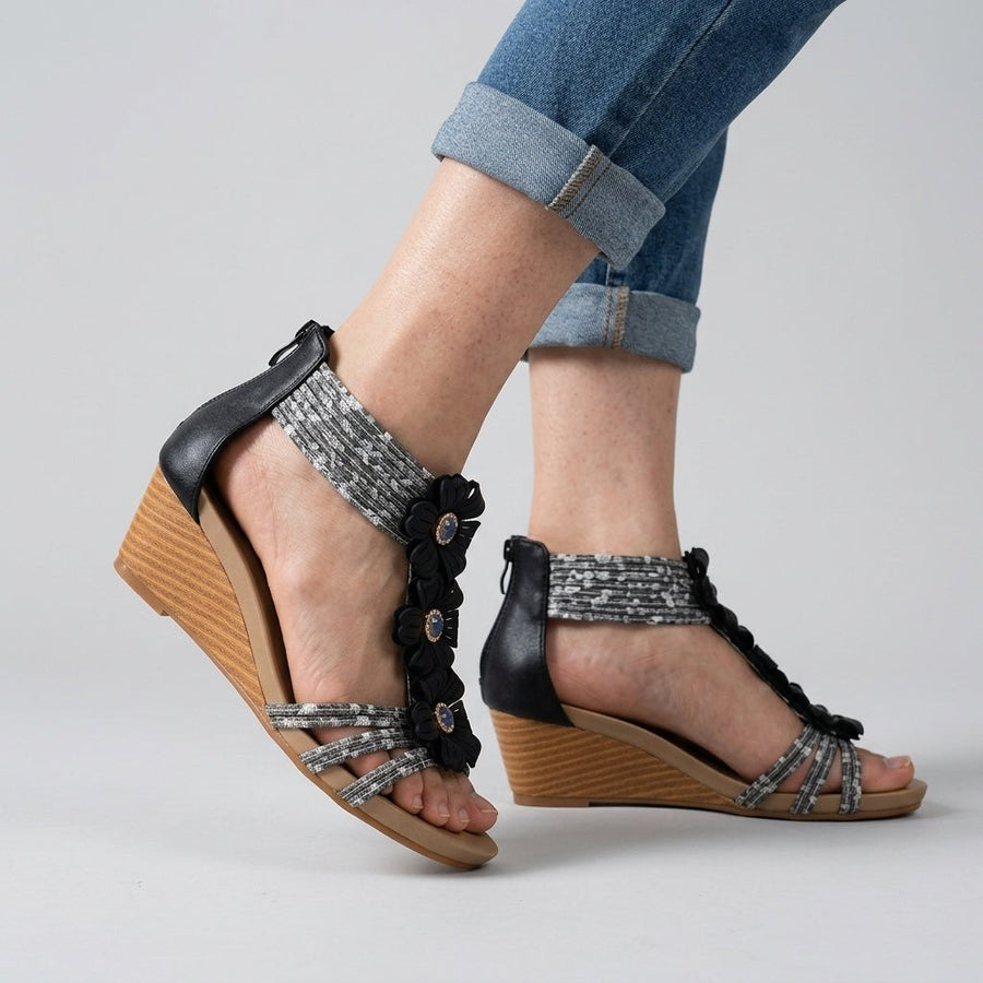 Isla Floral Wedge Sandal in Charcoal