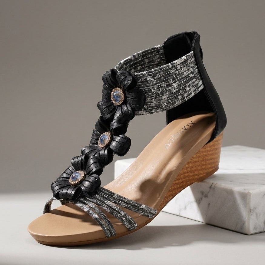 Isla Floral Wedge Sandal in Charcoal