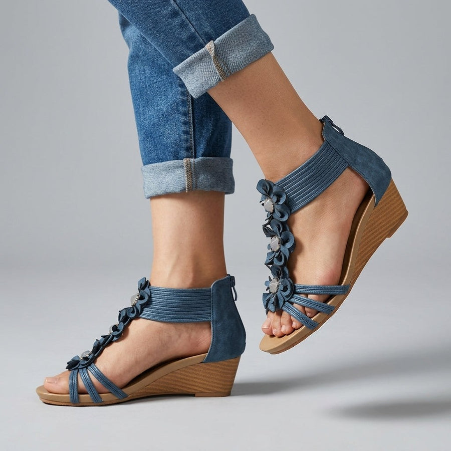 Isla Floral Wedge Sandal in Mykonos Blue