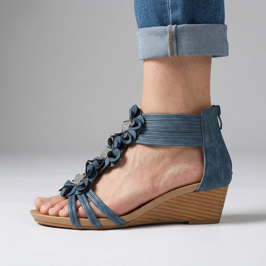 Isla Floral Wedge Sandal in Mykonos Blue