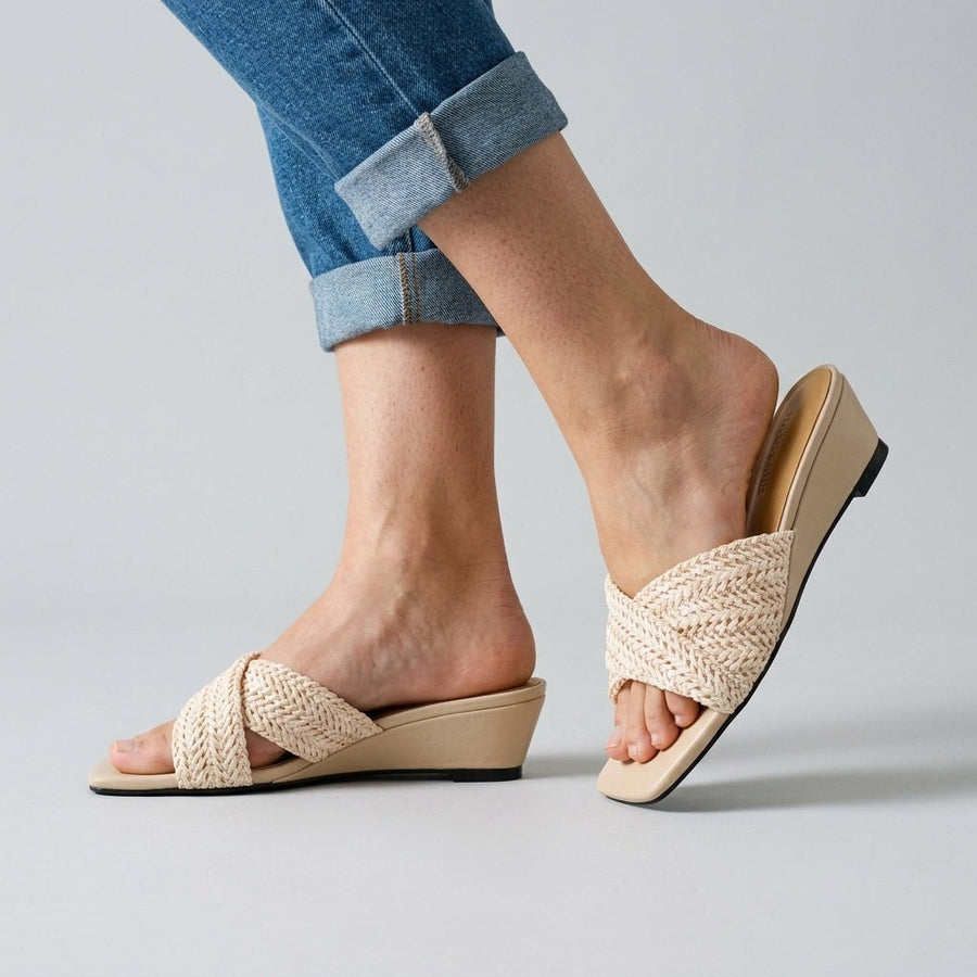 Isla Woven Wedge Slide in Beige