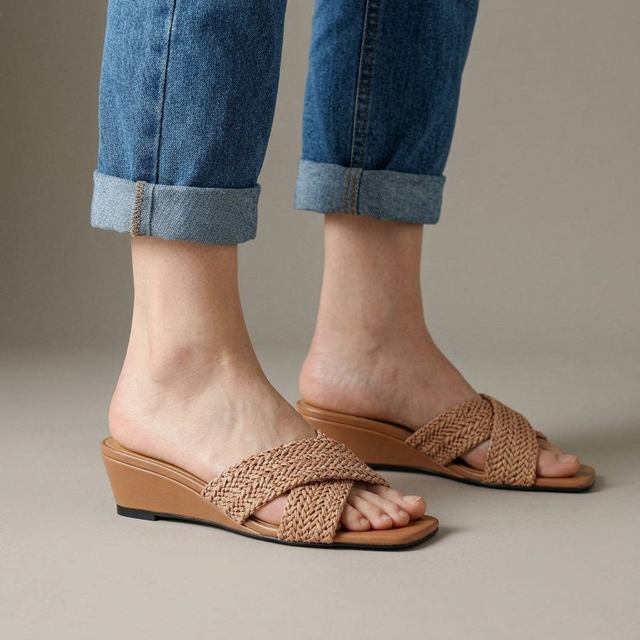 Isla Woven Wedge Slide in Sienna Brown
