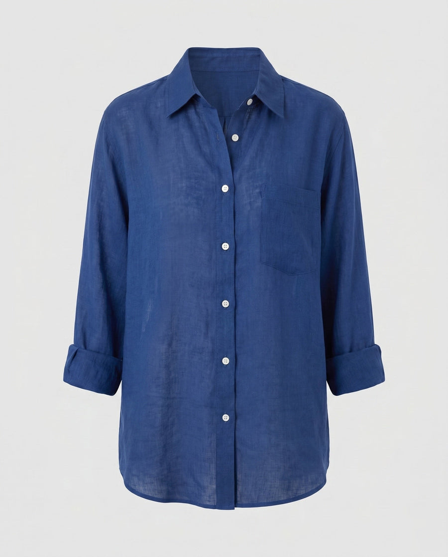 Isolde Casual Linen Blouse with Chest Pocket in Blue