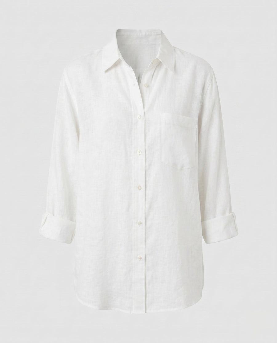 Isolde Casual Linen Blouse with Chest Pocket in White