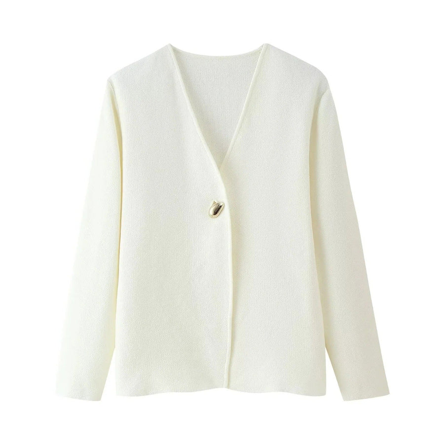 Isolde Elegant Knit Cardigan with V-Neck in White