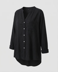 Isolde Linen Blouse with V-Neck and Button Front in Black