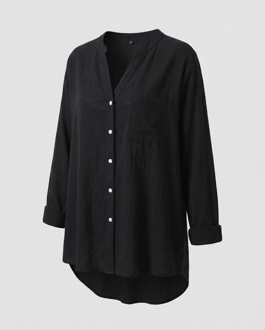 Isolde Linen Blouse with V-Neck and Button Front in Black