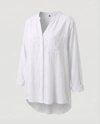 Isolde Linen Blouse with V-Neck and Button Front in White