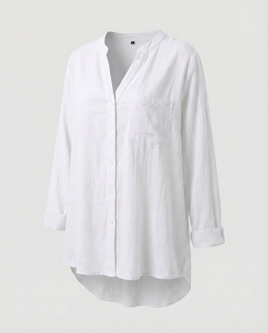 Isolde Linen Blouse with V-Neck and Button Front in White