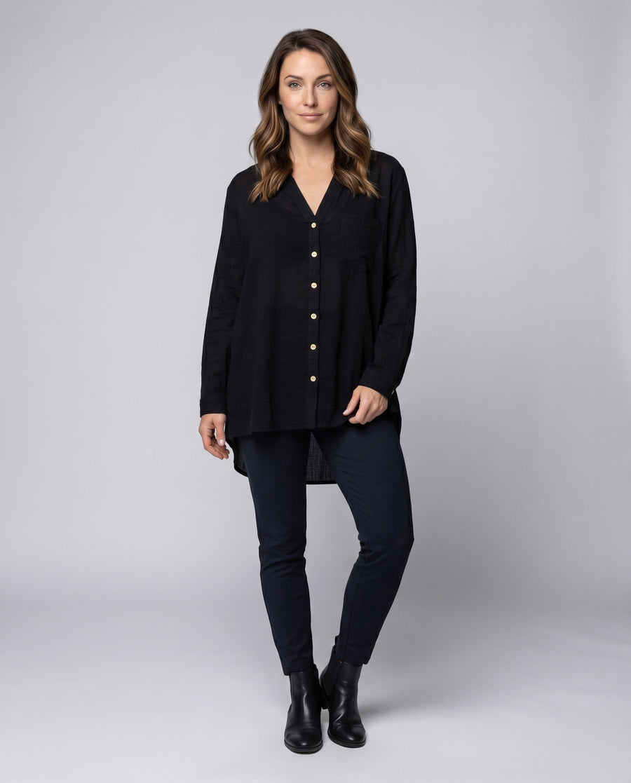 Isolde Linen Blouse with V-Neck and Button Front