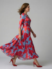 Isolde Women's Wrap Midi Dress in Bold Floral Print in Red