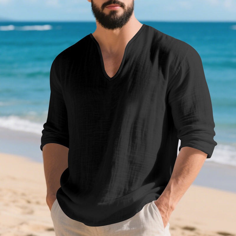 Ivar Lightweight Linen Shirt with V-Neck in Black