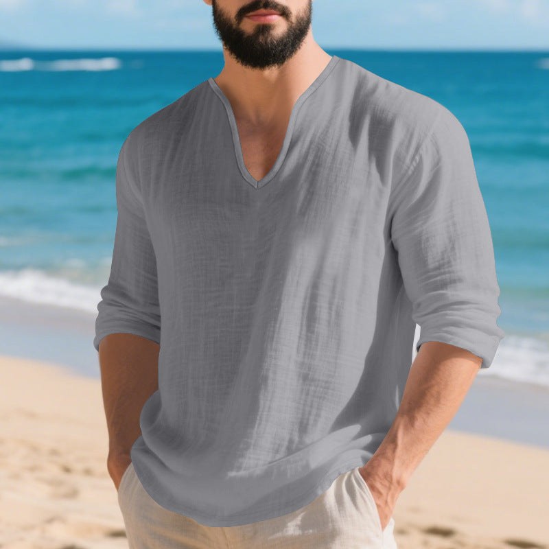 Ivar Lightweight Linen Shirt with V-Neck in Grey