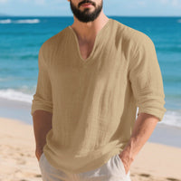 Ivar Lightweight Linen Shirt with V-Neck in Khaki