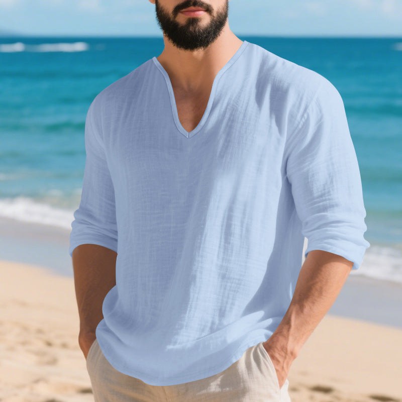 Ivar Lightweight Linen Shirt with V-Neck in Light Blue