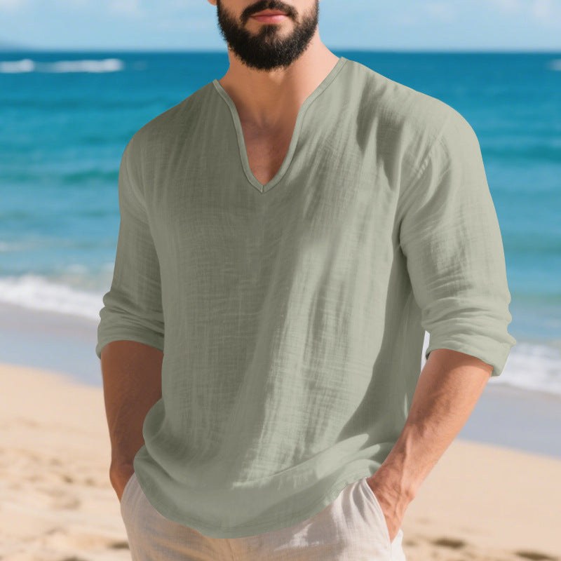 Ivar Lightweight Linen Shirt with V-Neck in Light Green