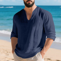 Ivar Lightweight Linen Shirt with V-Neck in Marinr&Blau