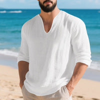 Ivar Lightweight Linen Shirt with V-Neck in White