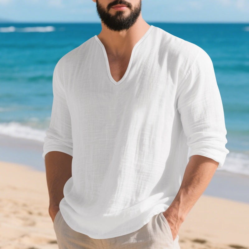 Ivar Lightweight Linen Shirt with V-Neck in White
