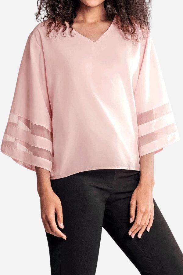 Ivy Women's Mesh Panel Bell Sleeve Top V-Neck Loose Fit in Light Pink