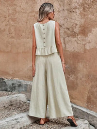 Ivy Women's Sleeveless Ruffle Hem Top and Wide Leg Pants Set in Beige