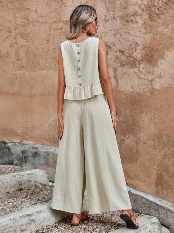 Ivy Women's Sleeveless Ruffle Hem Top and Wide Leg Pants Set in Beige