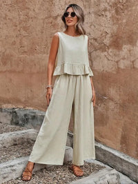 Ivy Women's Sleeveless Ruffle Hem Top and Wide Leg Pants Set in Beige