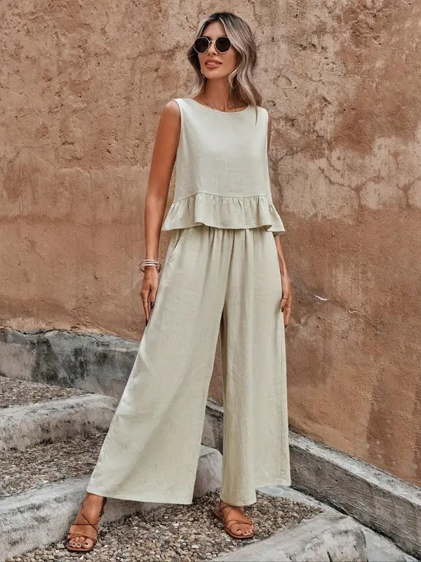 Ivy Women's Sleeveless Ruffle Hem Top and Wide Leg Pants Set in Beige