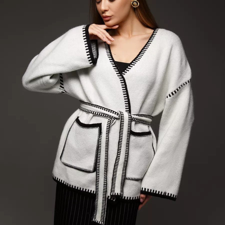 Jacinta Knit Cardigan with Pockets and Belted in White