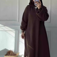 Jade Casual Dress with Zip Front and Hood in Brown