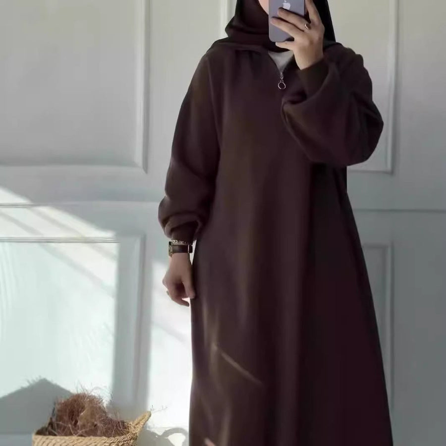 Jade Casual Dress with Zip Front and Hood in Brown