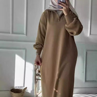 Jade Casual Dress with Zip Front and Hood in Camel