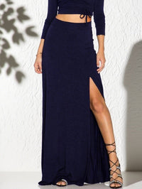 Jade Elegant Skirt with Elastic Waist and Side Split in Navy