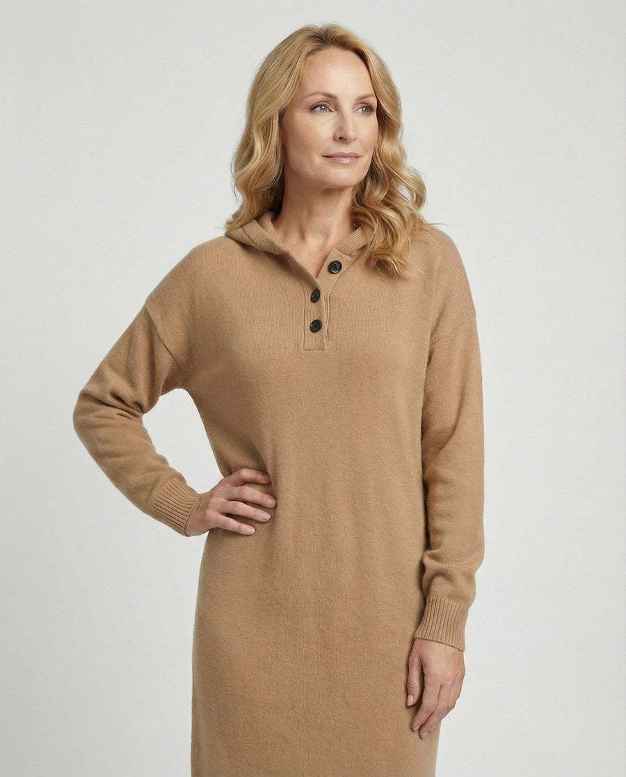 Jade Knit Dress with Button Front and Hood in Khaki