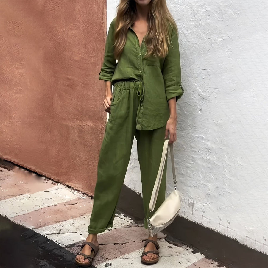 Jade Linen Shirt with Long Sleeve in Army Green