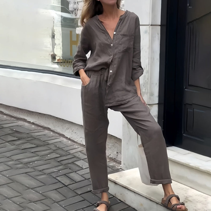 Jade Linen Shirt with Long Sleeve in Dark Grey