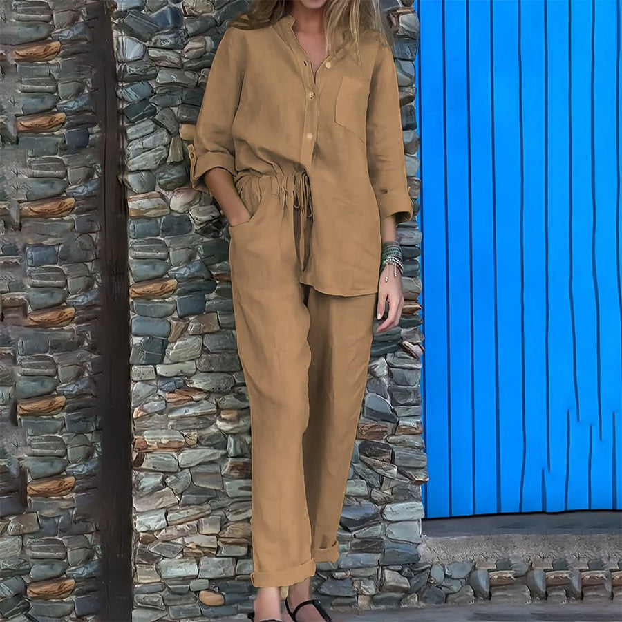 Jade Linen Shirt with Long Sleeve in Khaki
