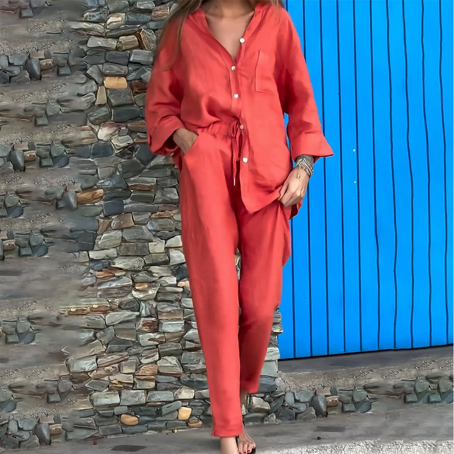 Jade Linen Shirt with Long Sleeve in Wassermelonenrot