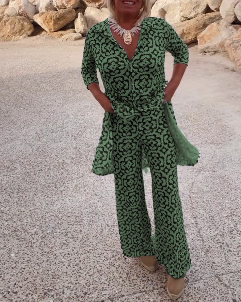 Jade Women's 2 Piece Printed Wide Leg Trouser Set 3/4 Sleeve in Green