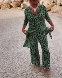 Jade Women's 2 Piece Printed Wide Leg Trouser Set 3/4 Sleeve in Green